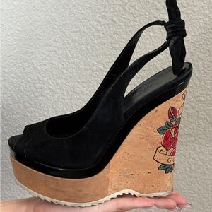 Gucci Black Suede Slingback Cork Tattoo Heart Wedge Platform Heels